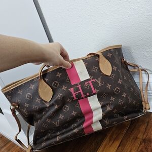 Louis Vuitton Brown Tote with Pink and White Stripes